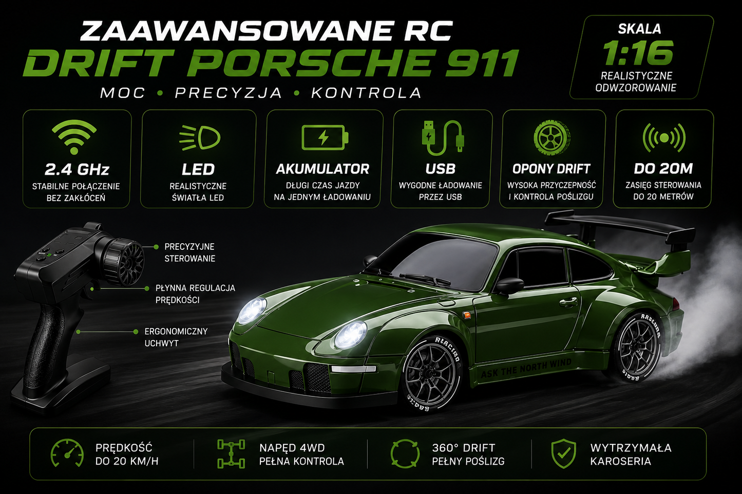 🚗 RC Drift Car 2.4GHz – Samochód Zdalnie Sterowany 1:16